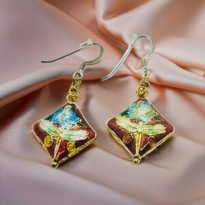 0120 Elegant Red and Gold Dragonfly Cloisonné Earrings